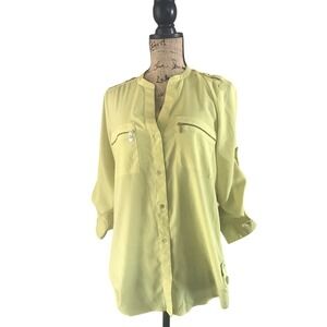 Calvin Klein Blouse Women's Small‎ Yellow Button Down Roll Tab Sleeve Pockets
